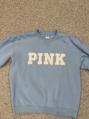 PINK Victoria's Secret Light Blue Crewneck Sweatshirt with White Chenille Logo